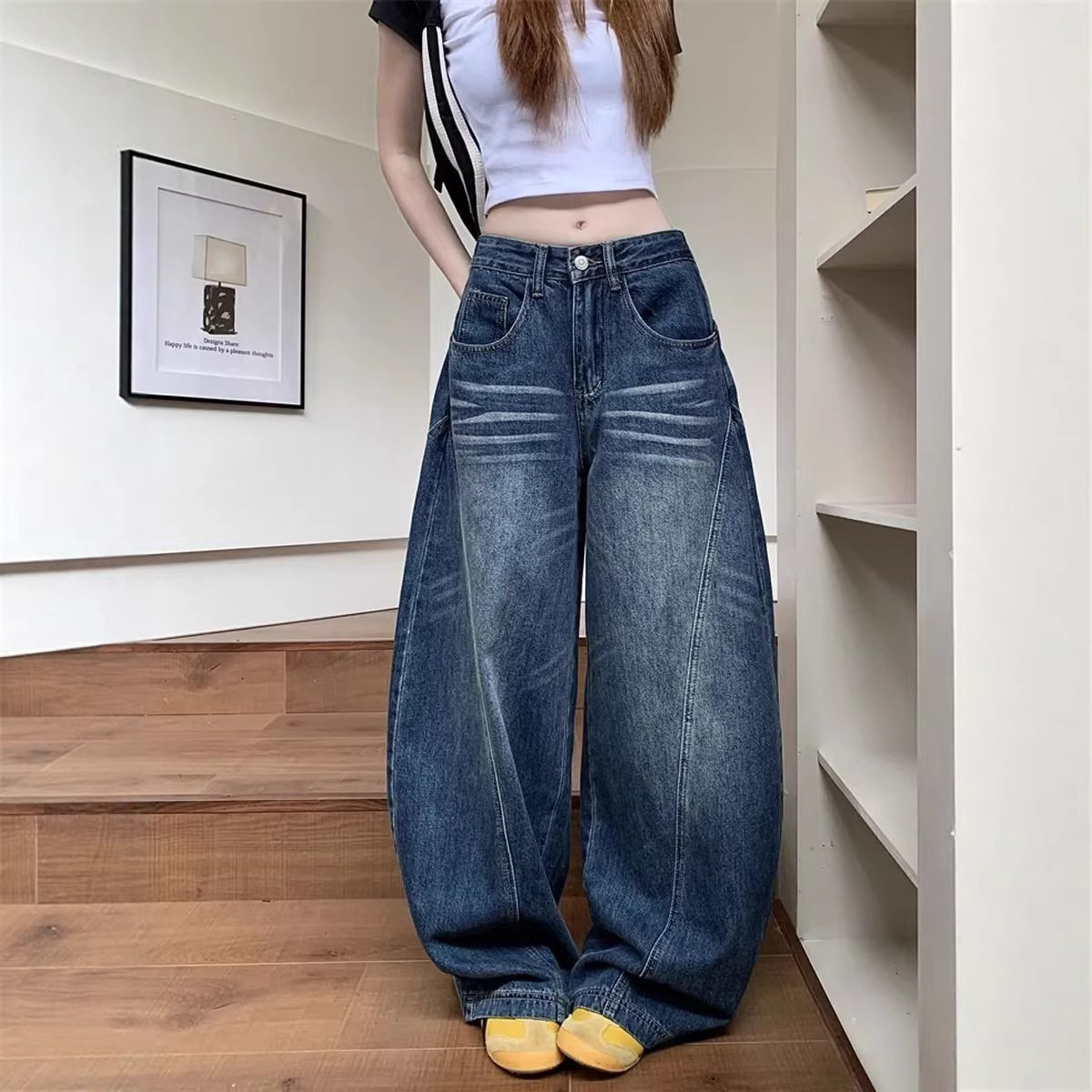 宽松高腰美式复古小个子弯刀阔腿牛仔裤女显瘦直筒裤休闲拖地长裤