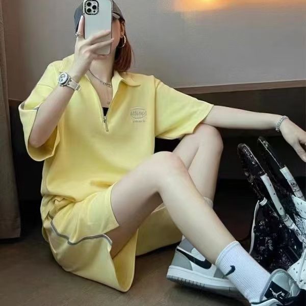 美式复古高街运动套装女学生夏季新款宽松大码短袖短裤跑步两件套