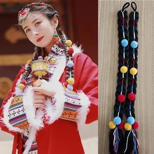民族风藏式假发辫子马尾彩色珠饰流苏装饰旅游写真舞蹈道具