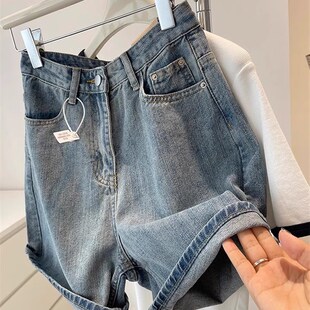 胖mm高腰宽松显瘦a字阔腿五分中裤 大码 女夏薄款 复古直筒牛仔短裤