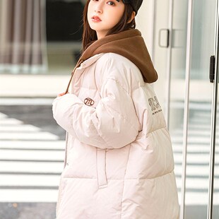 女童羽绒服2023新款儿童冬季短款大童初中学生加绒连帽假两件外套