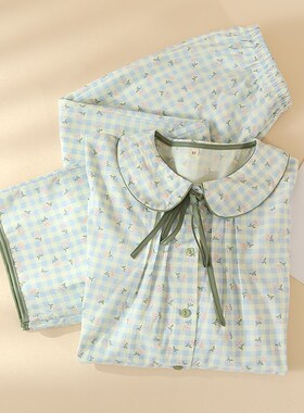 绿色清新小格e子睡衣女士春秋夏季长袖纯棉纱布薄款宽松家居服套