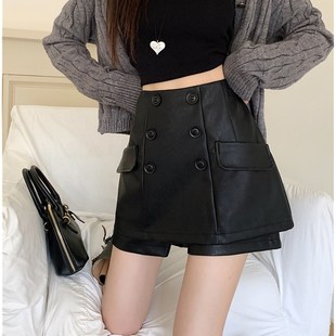 防走光裙裤 2024新款 高腰百搭短裤 裙女秋冬a字遮肚显瘦大码 PU皮裤