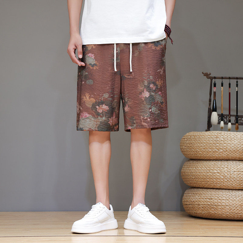 短裤男夏季薄款外穿沙滩裤宽松直筒五分裤中国风复古印花棉麻裤子,男装,短裤,淘宝优惠券,粉丝福利购,淘宝优惠卷