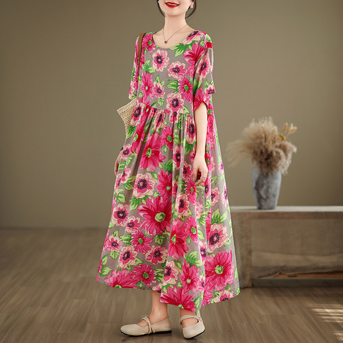2024夏装新款大码女装胖mm遮肚显瘦连衣裙复古印花高腰大摆长裙子