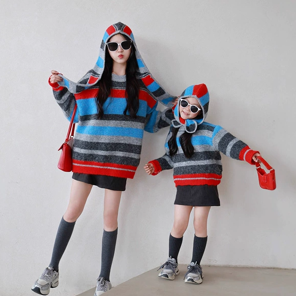 圣诞条纹亲子装毛衣母女装阔版打底衫潮男女童新年红加厚毛衣针织