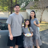 蓬蓬裙网纱连衣裙父女洋气短袖 亲子装 一家三口母女装 新款 T恤 夏装