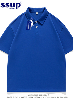 Wassupdeion国潮克莱因蓝短袖POLO衫男夏季翻领宽松大码T恤情侣款
