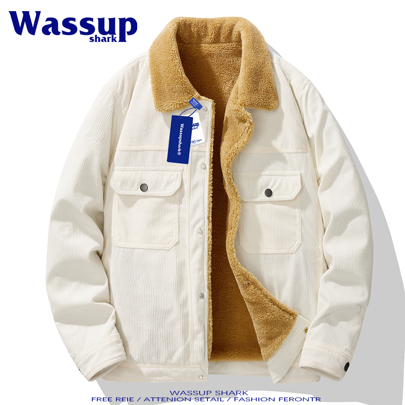 翻领灯芯绒夹克男冬季羊羔绒外套