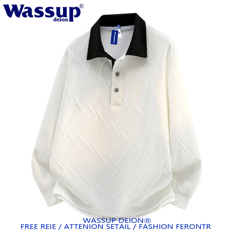 wassup deion日系提花翻领POLO衫男春季长袖情侣款半开衫套头上衣