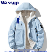 wassupdeion冬季 羊毛卷两面穿棉衣男潮牌户外防风保暖连帽棉服女