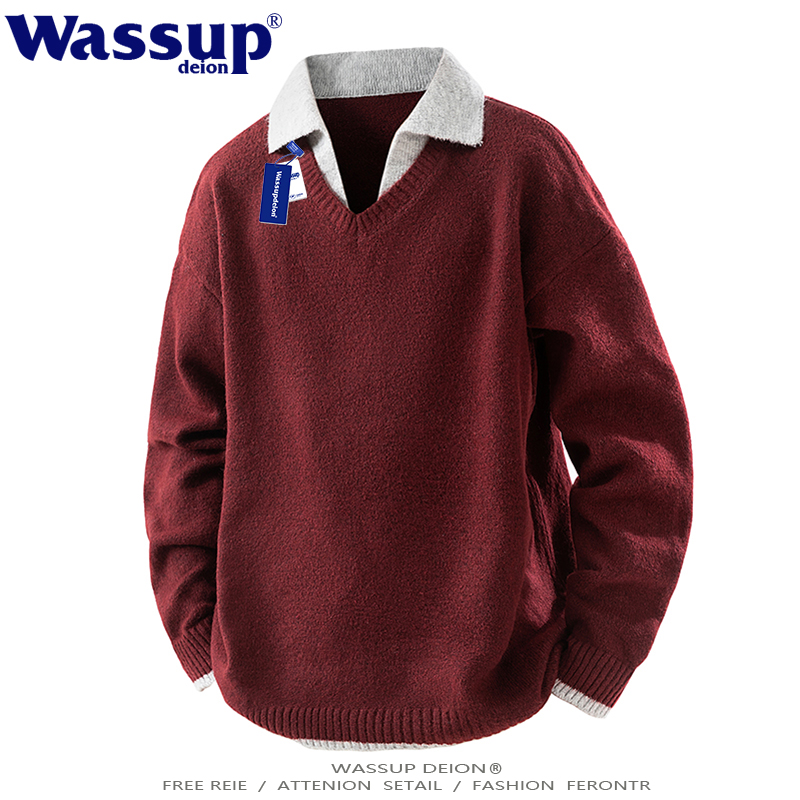假两件翻领毛衣男酒红色打底衫潮