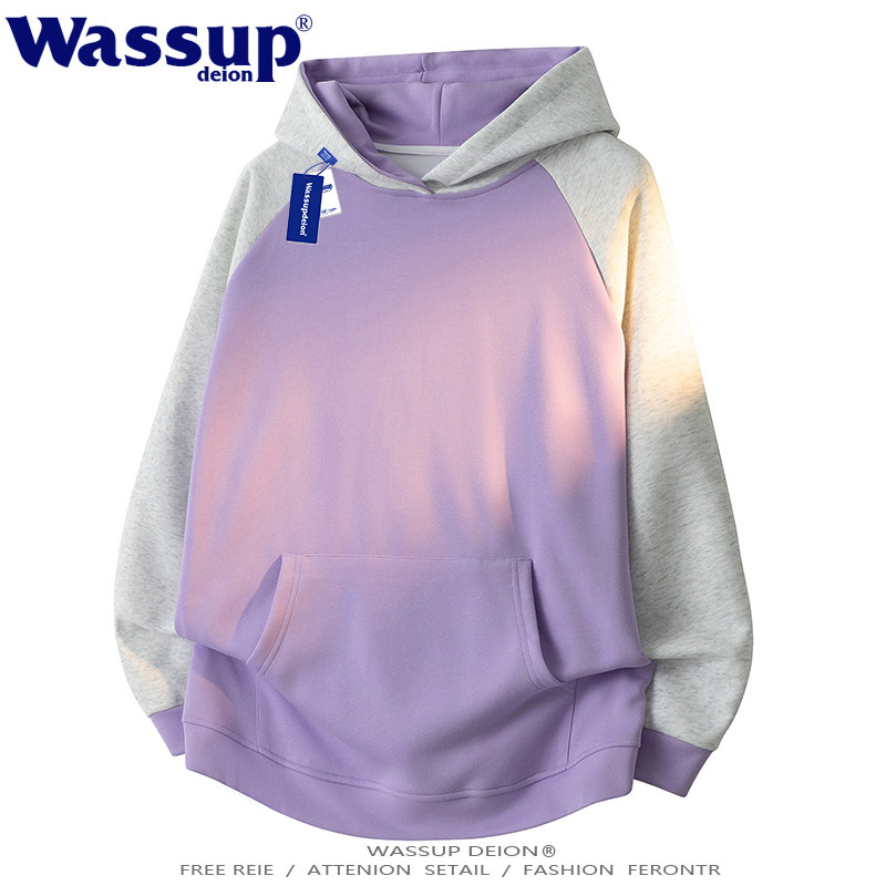 WASSUP DEION美式拼接紫色连帽卫衣男2025秋季新款潮流套头帽子衫