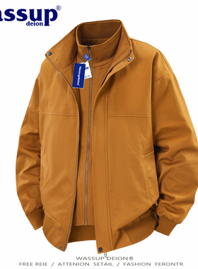 wassupdeion美式假两件商务休闲外套春秋季大码潮牌橘色立领夹克