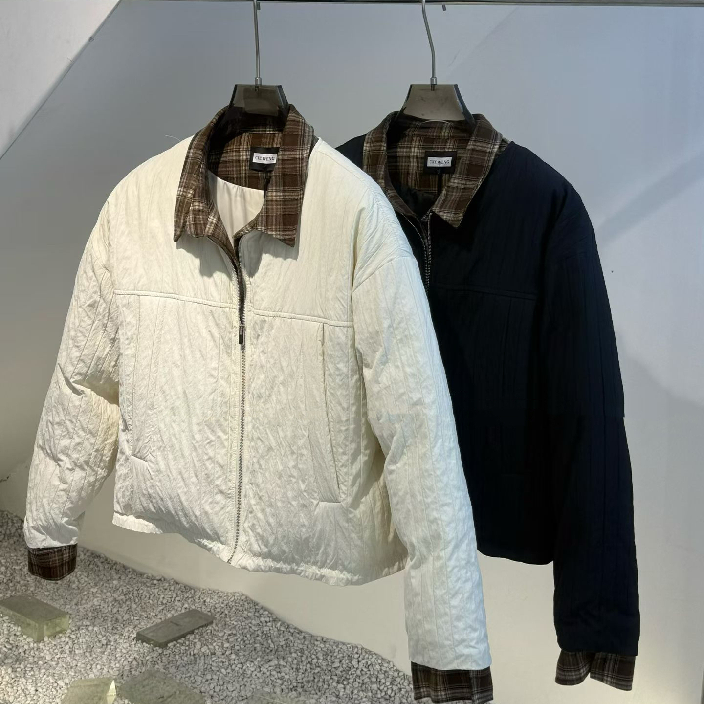 时尚休闲假两件撞色翻领保暖棉衣