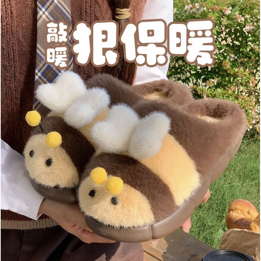 蜜蜂棉拖鞋女款秋冬季毛毛绒可爱室内保暖防滑家居家2025新款厚底