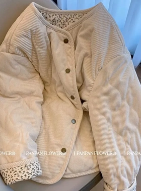 小众设计感灯芯绒拼接碎花菱格棉服外套女冬季新款宽松百搭棉衣