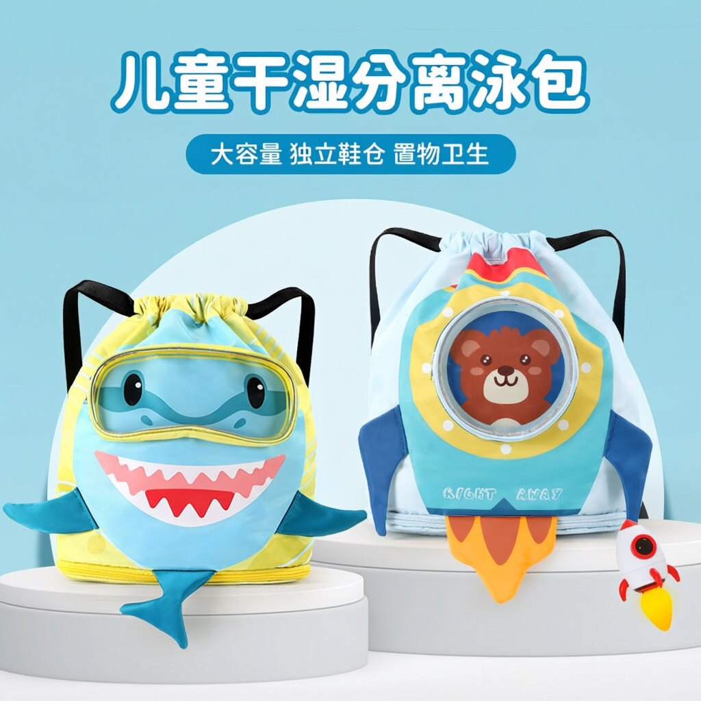 鲨鱼图案干湿分离防水后背包儿童