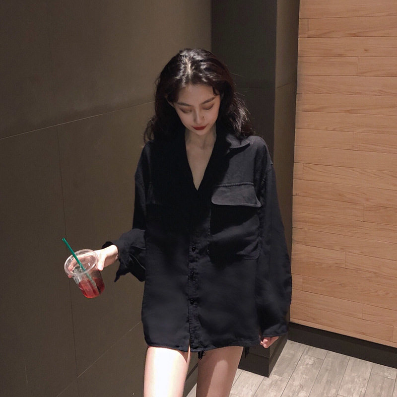 中长款黑衬衫女夏宽松防晒衬衣