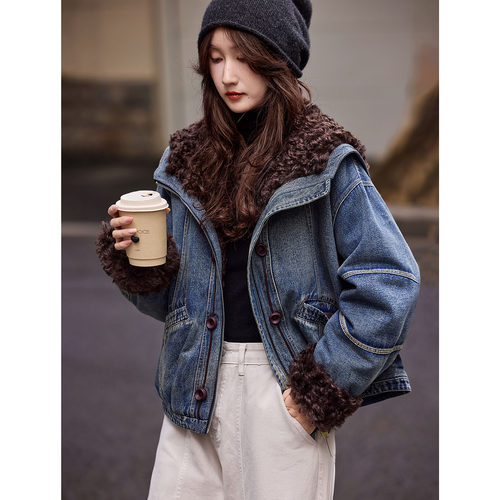 苏醒的乐园80白鸭绒冬季配环保毛领大翻领牛仔夹克外套羽绒服