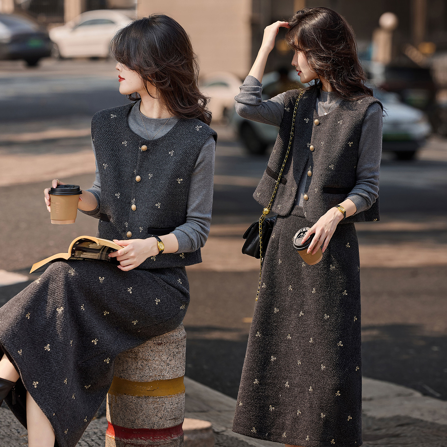 苏醒的乐园小香风三件套冬季针织套头衫蝴蝶结刺绣马甲半裙套装,女装/女士精品,时尚套装,淘宝优惠券,粉丝福利购,淘宝优惠卷