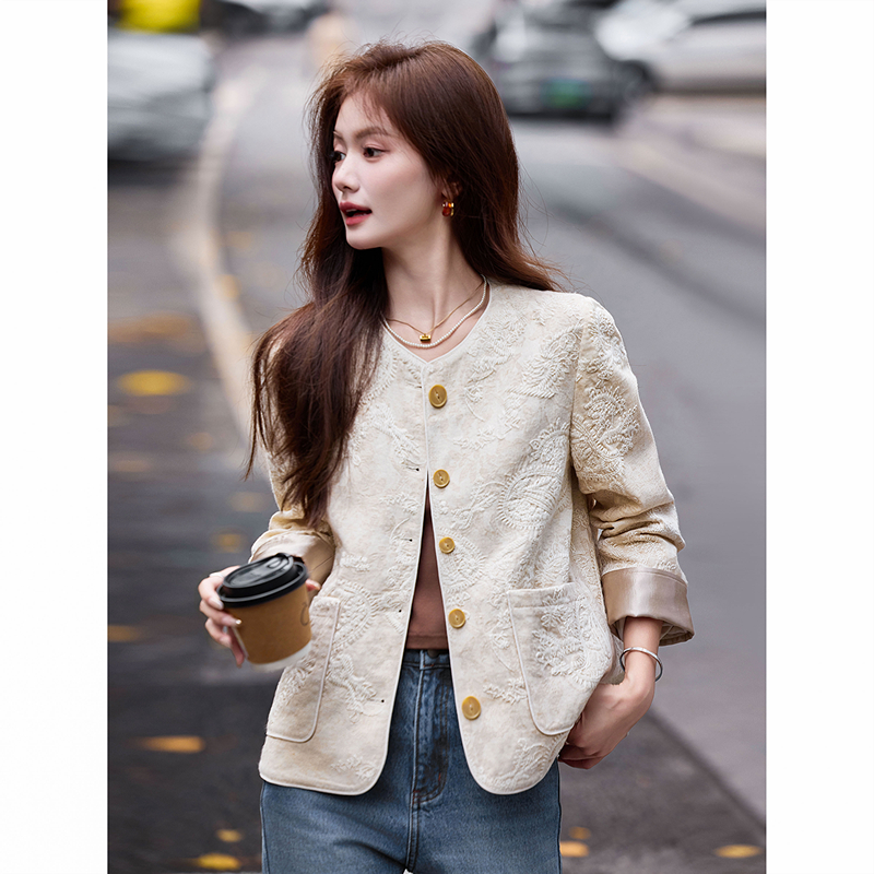 苏醒的乐园含亚麻新中式刺绣秋季新品时尚圆领宽松夹克单排扣外套