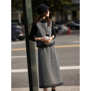 苏醒的乐园知性风通勤套装冬季时尚流苏马甲打底衫半裙三件套装女