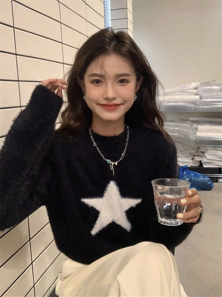 가을과 겨울 부드럽고 밀랍인 짧은 모헤어 게으른 스타일 니트 외부 탑 여성용 블랙 스타 자수 풀오버 스웨터