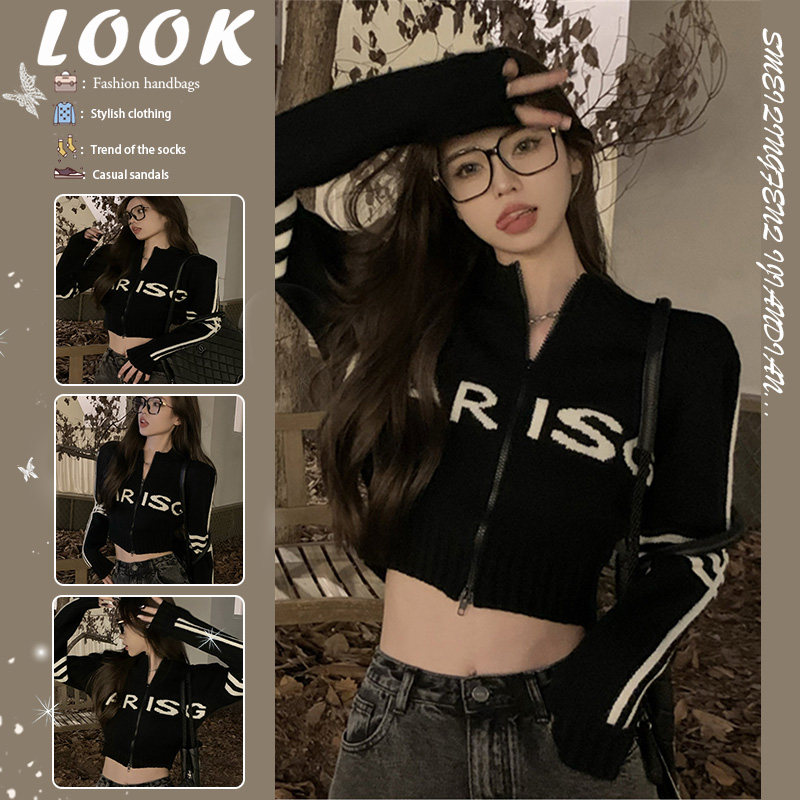 AMERICAN HOT GIRL 블랙 BOTTOMING 짧은 스웨터 여성 봄 가을 인테리어 디자인 슬림 하이 웨이스트 니트 가디건