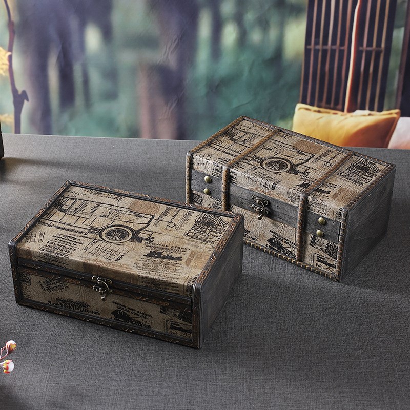 新款木质桌面收纳盒复古英文风珠宝首饰盒证件信件收纳箱包装木盒