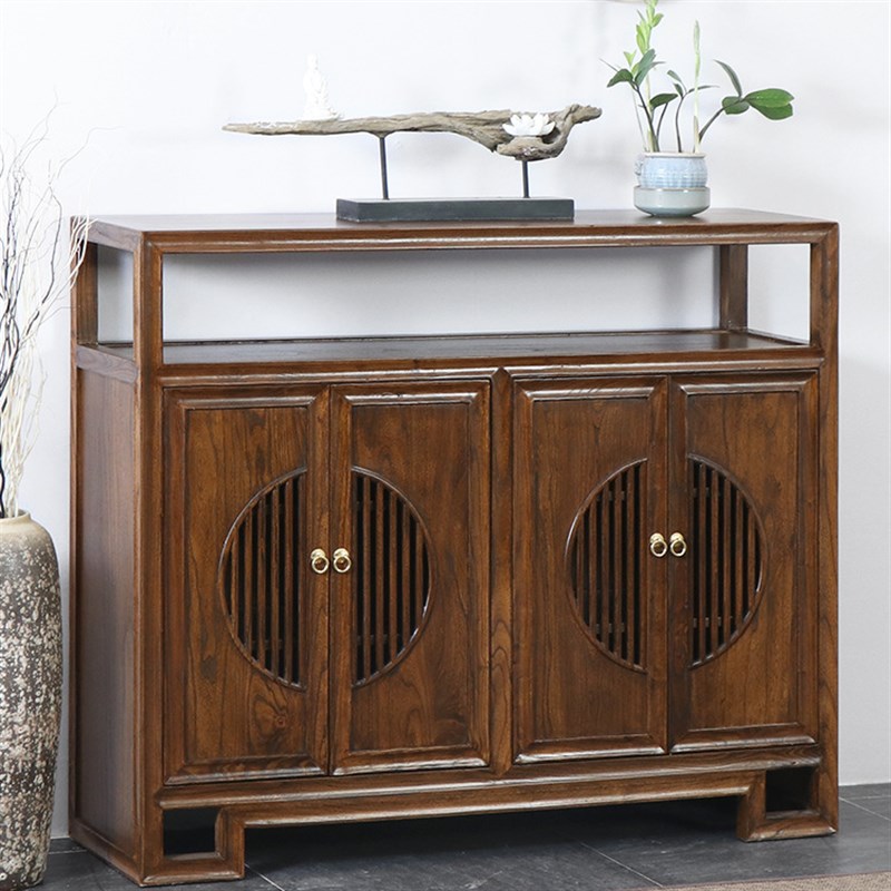 现代中式榆木禅意玄关储物柜新中式胡桃色家具门厅镂空鞋柜装饰柜