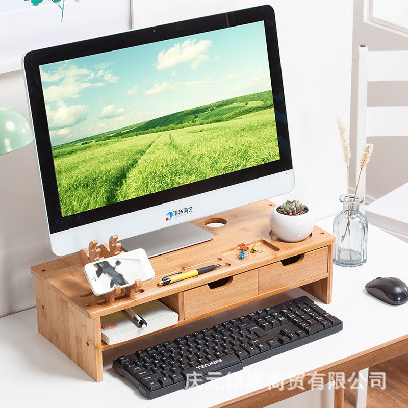 楠竹电脑显示器增高架小鹿支架桌面键盘收纳置物整理架电脑支架