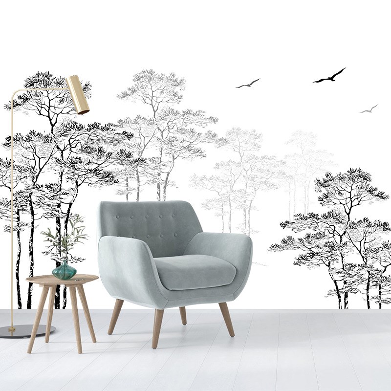 速卖通灰白素描树林壁纸客厅卧室沙发背景墙纸壁画