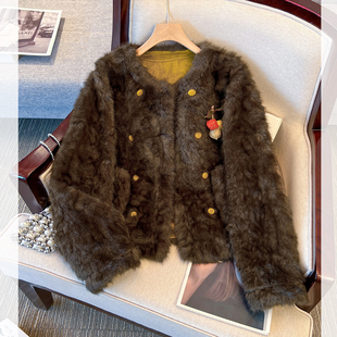 美拉德棕咖色羊毛绒皮毛一体加厚外套女士2025秋冬装 圆领夹克 新款