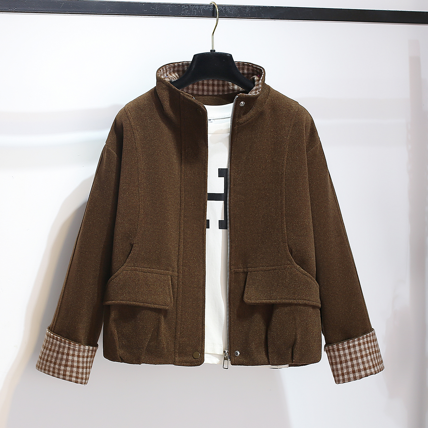 美拉德棕咖色立领加厚毛呢外套女