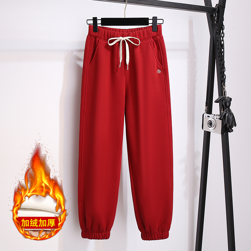龙年红色休闲运动裤女加绒加厚