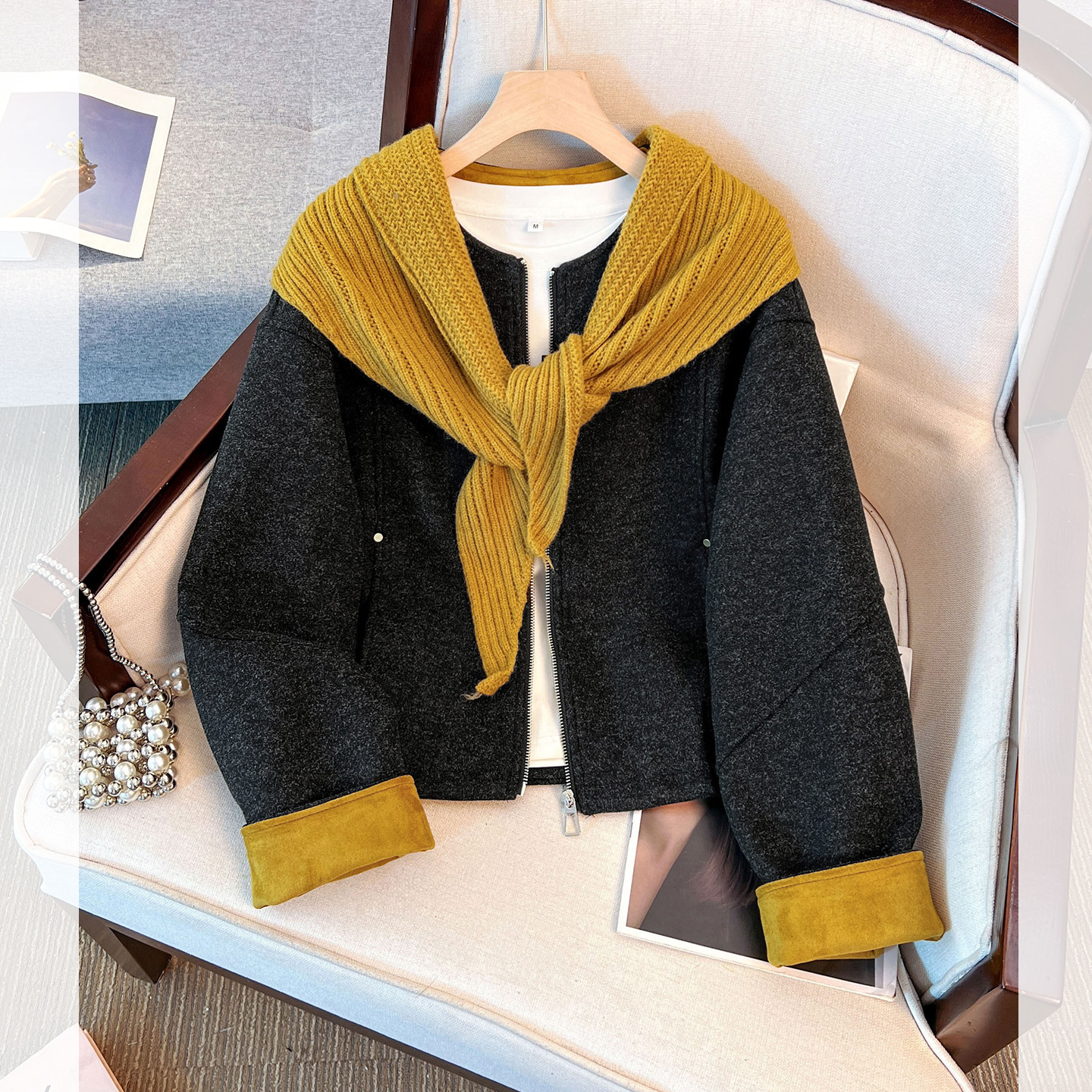 超好看的圆领毛呢短外套加针织披肩女2025秋冬季新款宽松呢子大衣,女装/女士精品,毛呢外套,淘宝优惠券,粉丝福利购,淘宝优惠卷