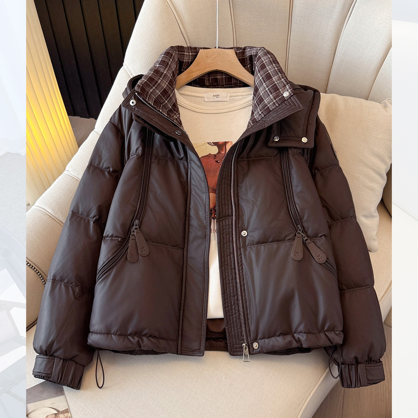 美拉德棕咖色连帽pu皮衣羽绒服女