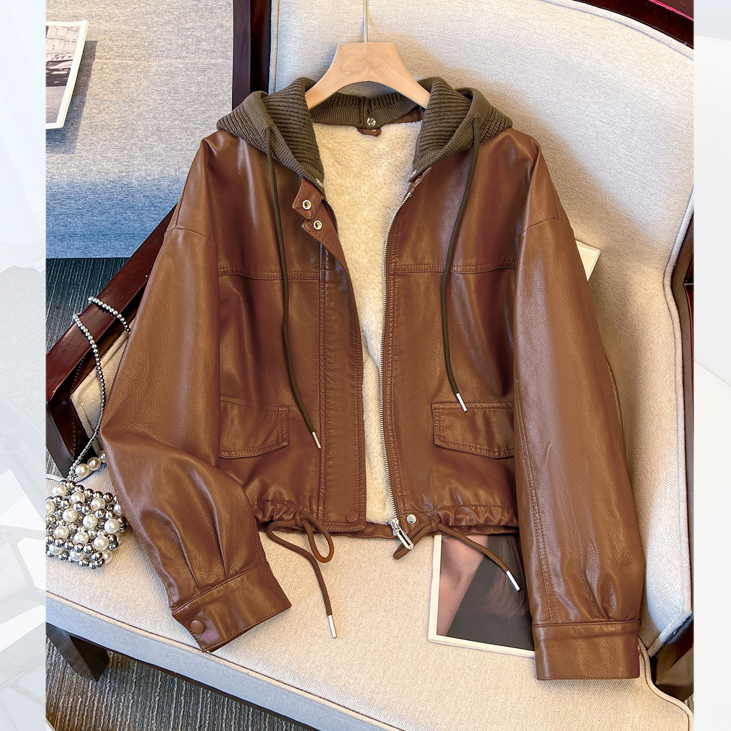 复古风连帽pu皮衣外套加绒加厚女