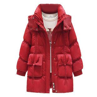 本命年大红色连带帽中长款羽绒服女2025年冬季新款加厚面包服外套