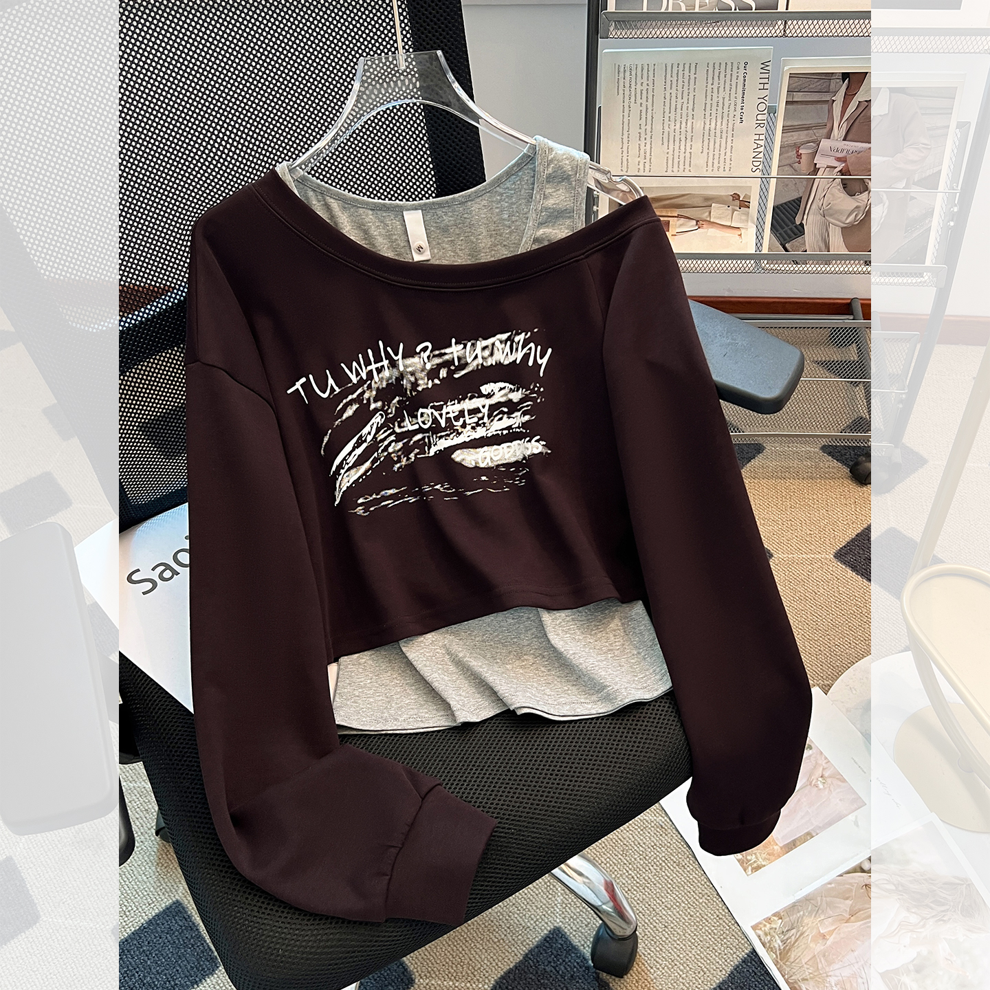 斜领露肩吊带长袖卫衣背心女套装