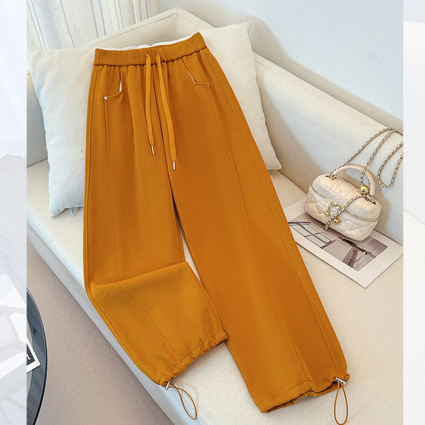今年流行爆款黄色休闲运动抽绳束脚卫裤女2026春秋季新款阔腿裤子