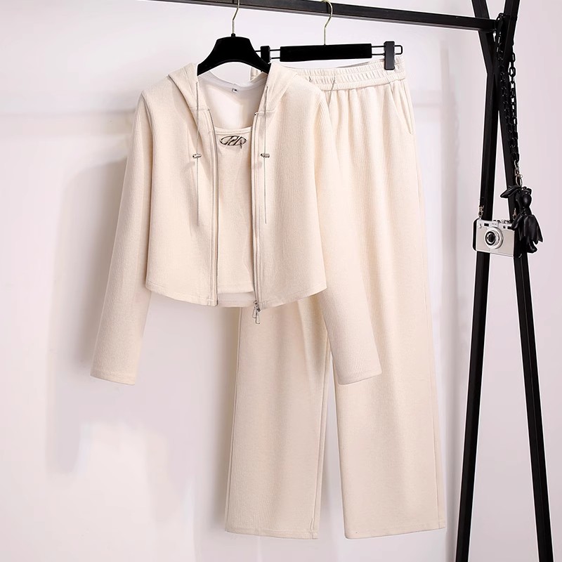 休闲运动服阔腿裤套装女2025早春秋季新款连帽卫衣外套背心三件套