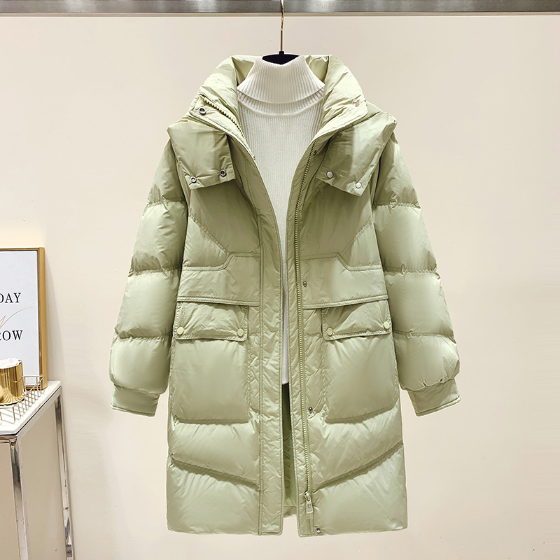 浅绿色连帽长款羽绒服面包服外套