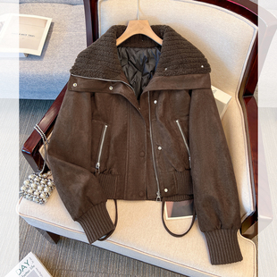 爆款小个子高腰短款羊羔毛翻领麂皮羽绒服内胆厚外套女2025冬装新
