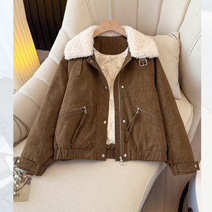 今年流行爆款羊羔毛翻领麂皮绒羽绒内胆外套女2025初冬装新款夹克