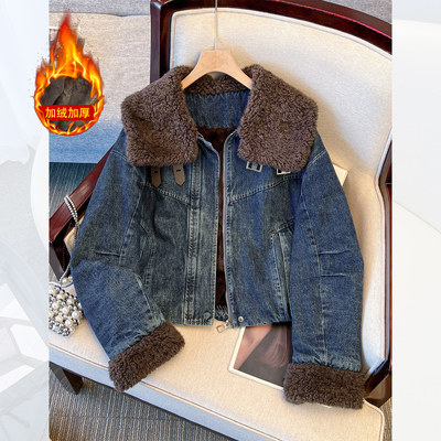 羊羔毛大翻领加绒加厚牛仔衣外套