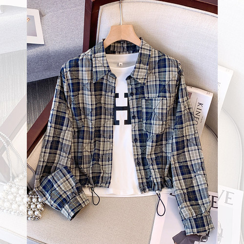 早秋蓝色格子垫肩长袖衬衫短上衣