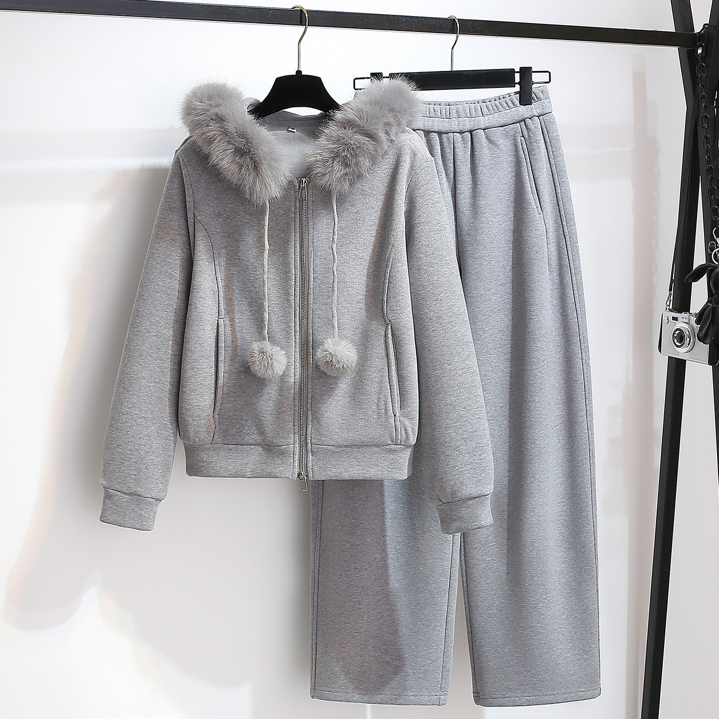 毛领连帽卫衣外套阔腿裤加绒加厚女2025冬装新款独特超好看两件套,女装/女士精品,时尚套装,淘宝优惠券,粉丝福利购,淘宝优惠卷