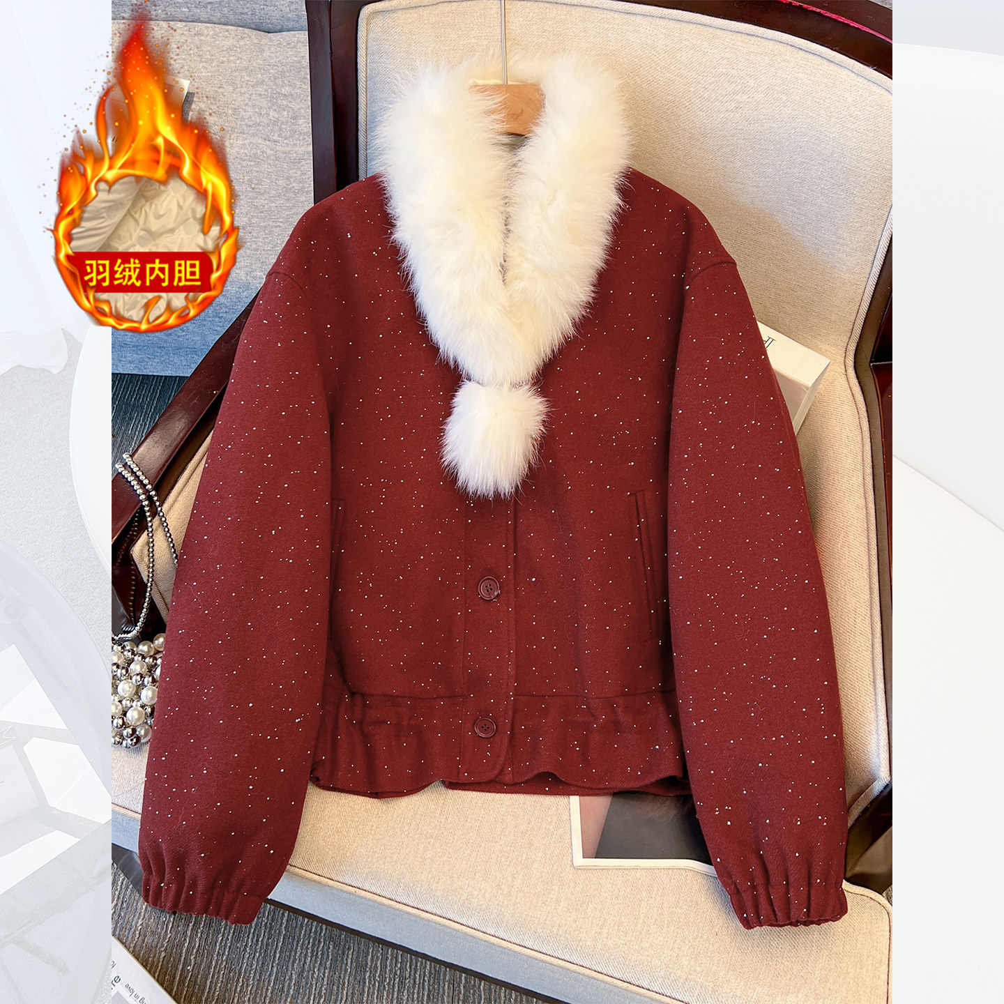 红色毛领围脖毛呢外套羽绒内胆女短款过新本命新年2026秋冬新大衣,女装/女士精品,毛呢外套,淘宝优惠券,粉丝福利购,淘宝优惠卷
